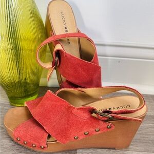 Lucky Brand Red Suede Wedge Sandals